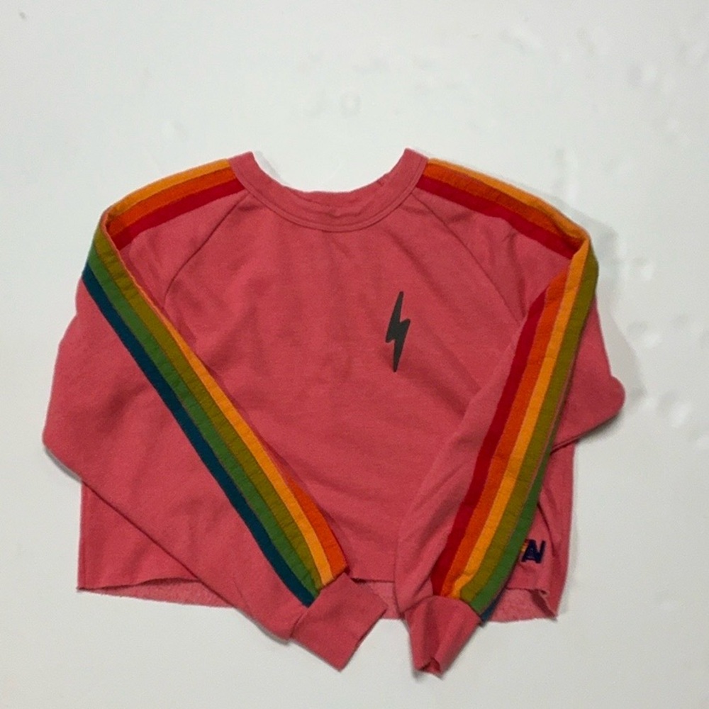 Aviator Nation Pink and Red Cropped Sweatshirt with Rainbow Stripes